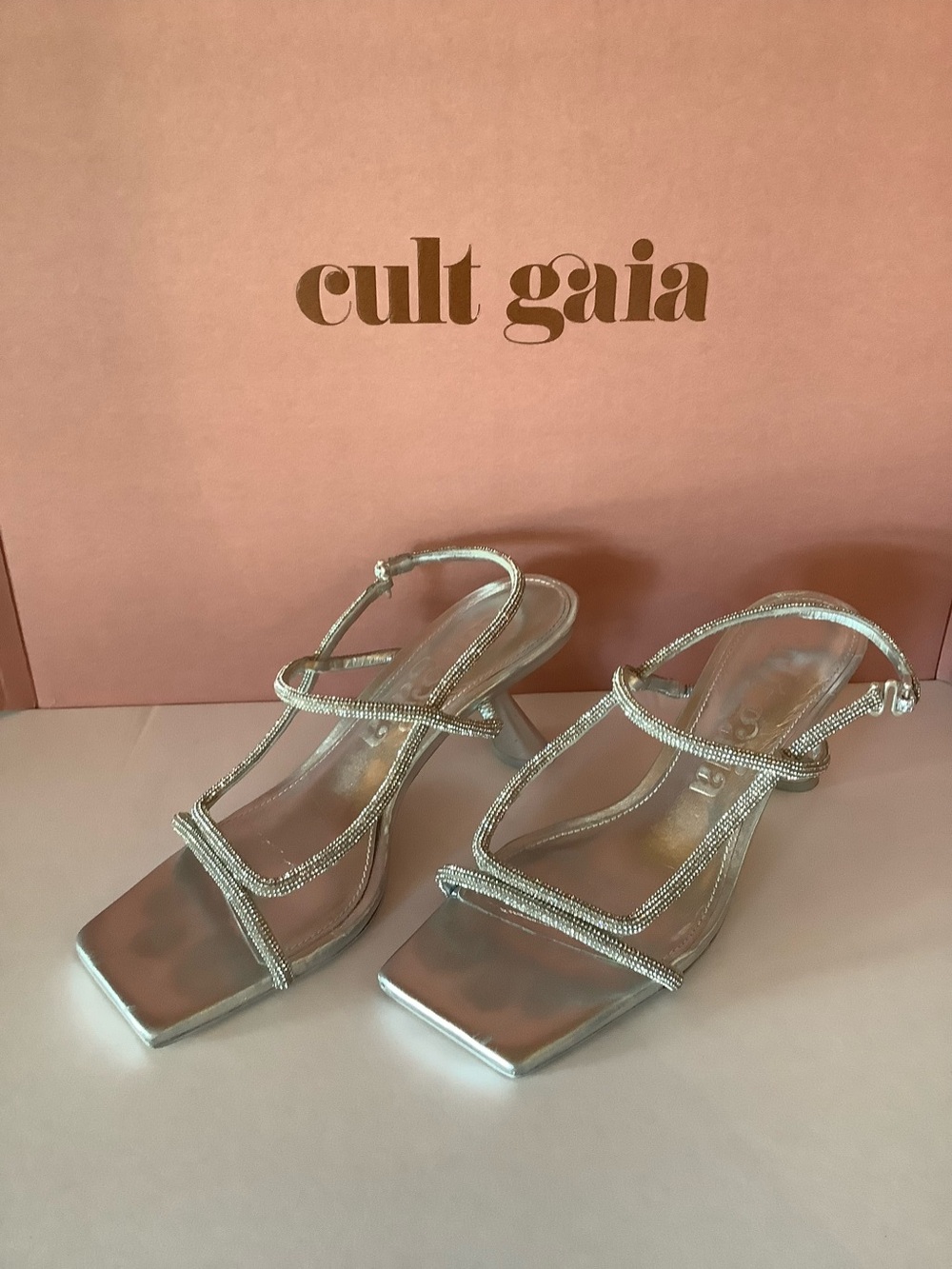 Cult Gaia Reina Silver Rhinestone Strappy Sandals, Sz 38.5 worn once